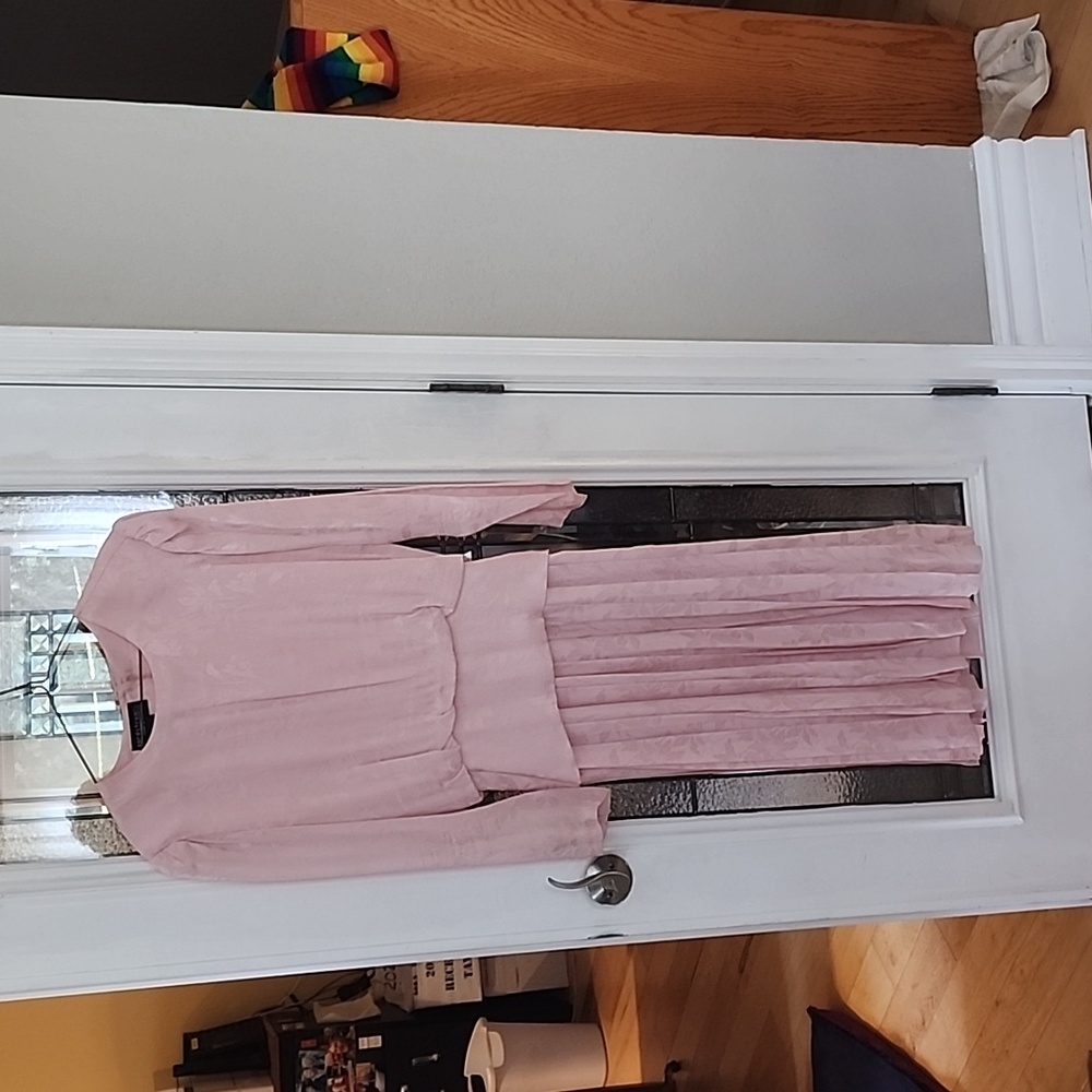 Vintage silk dress, size 12, pink with banded waist and back bow.